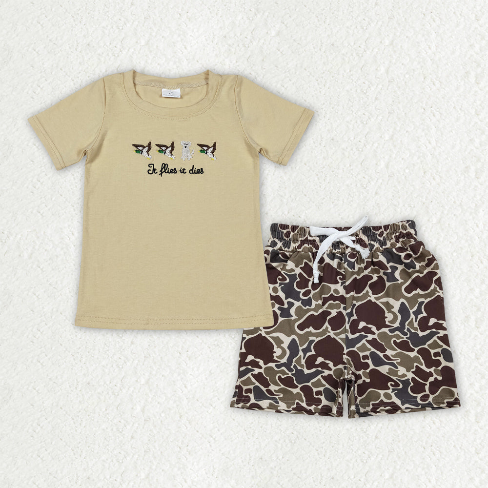 Embroidery Duck Dogs Baby Boys Shirt Top Camo Pockets Shorts Hutning Clothes Sets