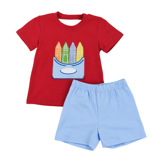 Embroidery Pencils Baby Boys Shirt Top Short Back to School Clothes Set Preorder