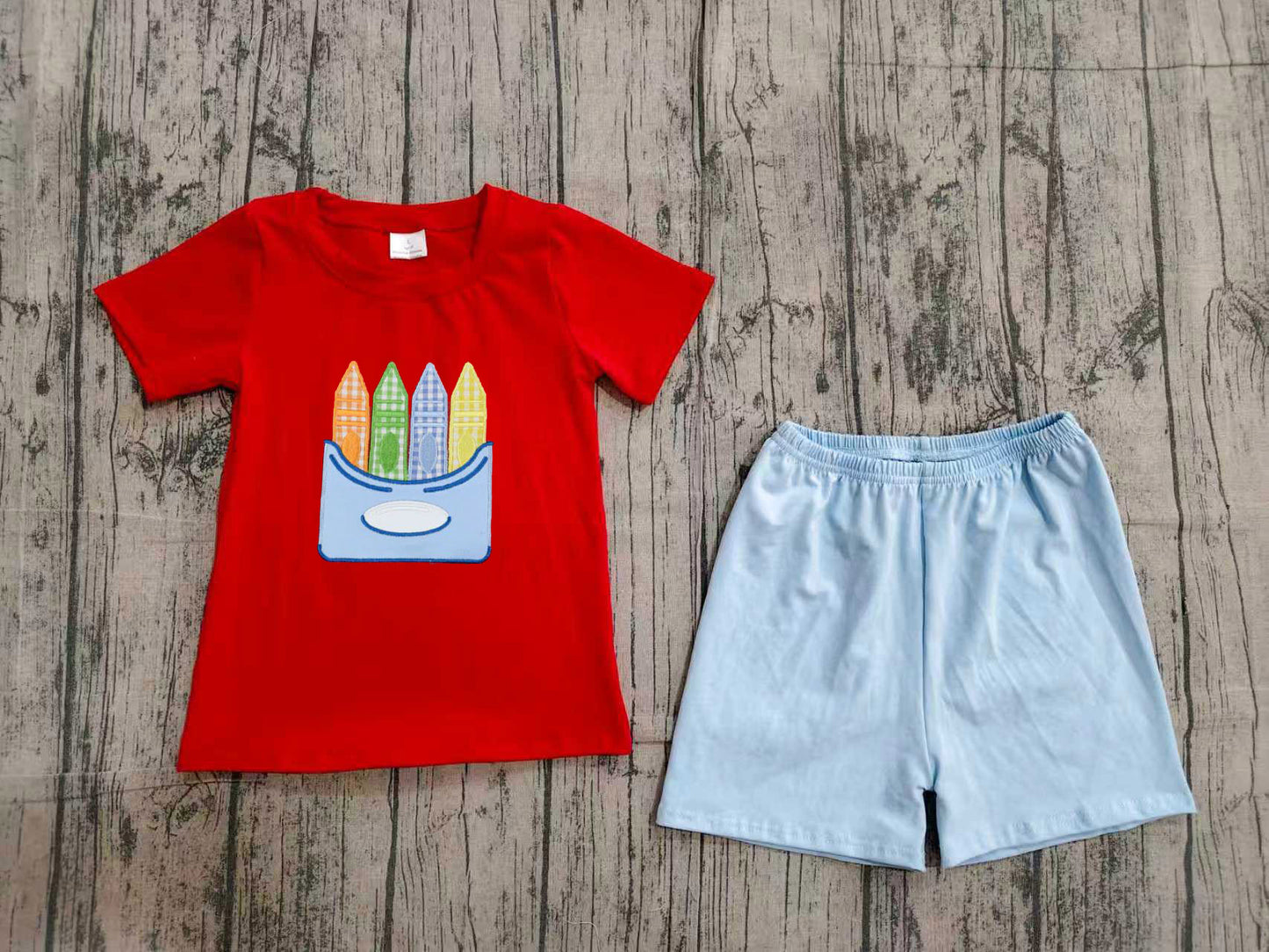 Embroidery Pencils Baby Boys Shirt Top Short Back to School Clothes Set Preorder