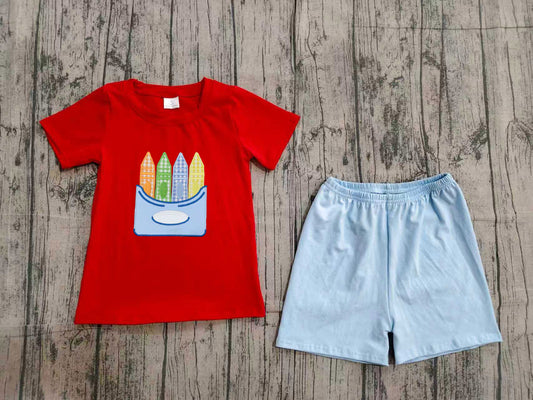 Embroidery Pencils Baby Boys Shirt Top Short Back to School Clothes Set Preorder