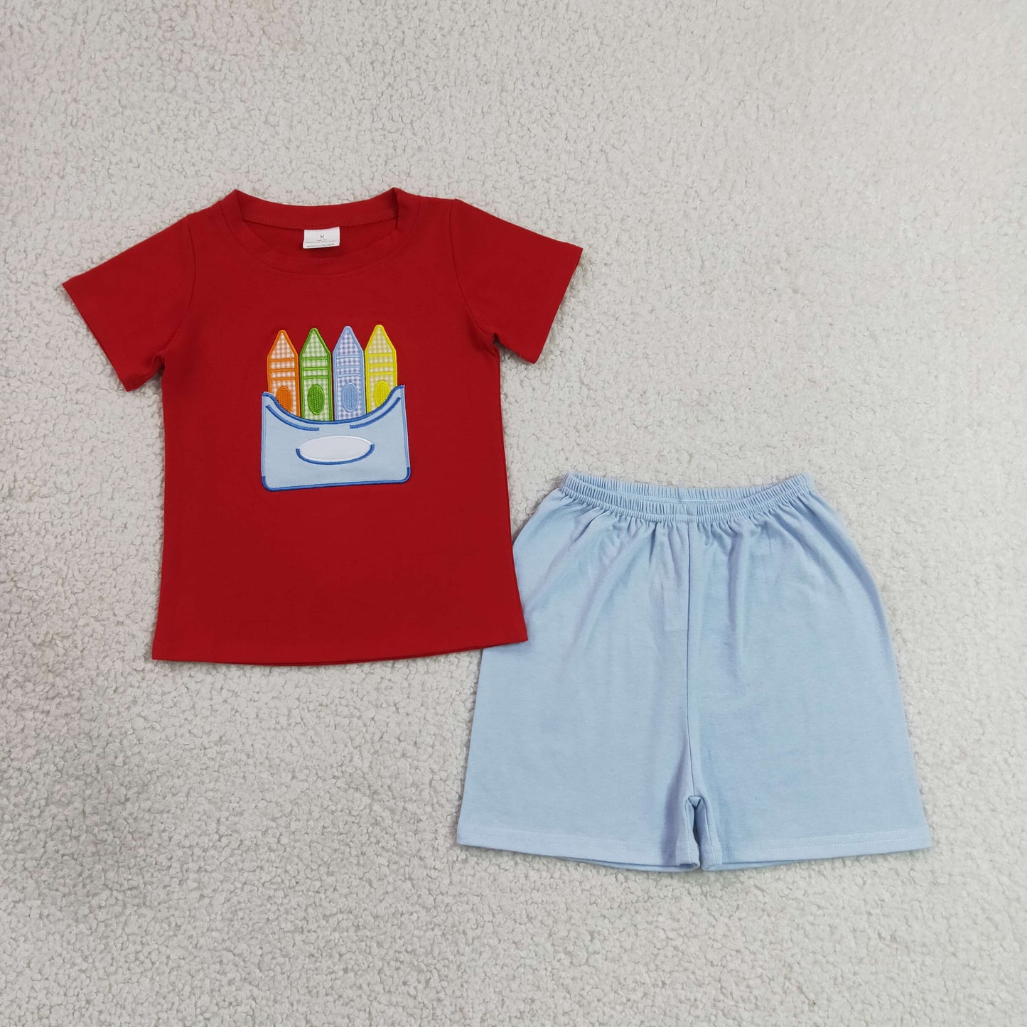 Embroidery Pencils Baby Boys Shirt Top Short Back to School Clothes Set