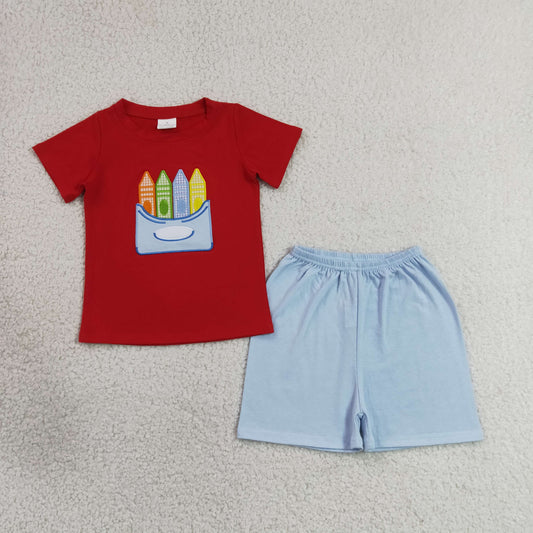 Embroidery Pencils Baby Boys Shirt Top Short Back to School Clothes Set
