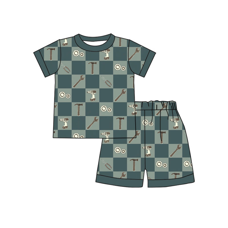 Baby Boys Green Checked Tools Top Short Pajamas Clothes Set Preorder