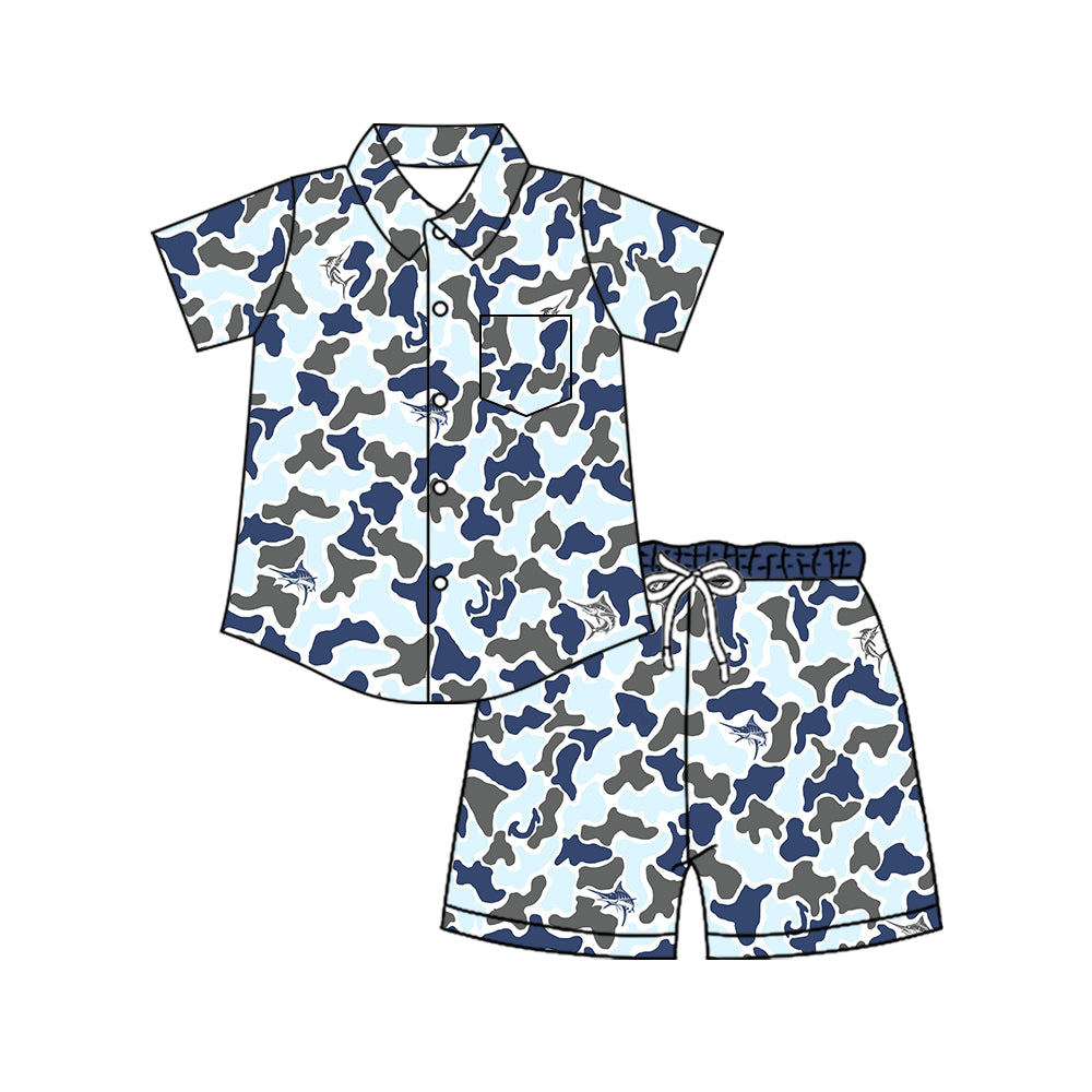 Baby Boys Southern Camo Sharks Button Pocket Top Short Hunting Clothes Set Preorder
