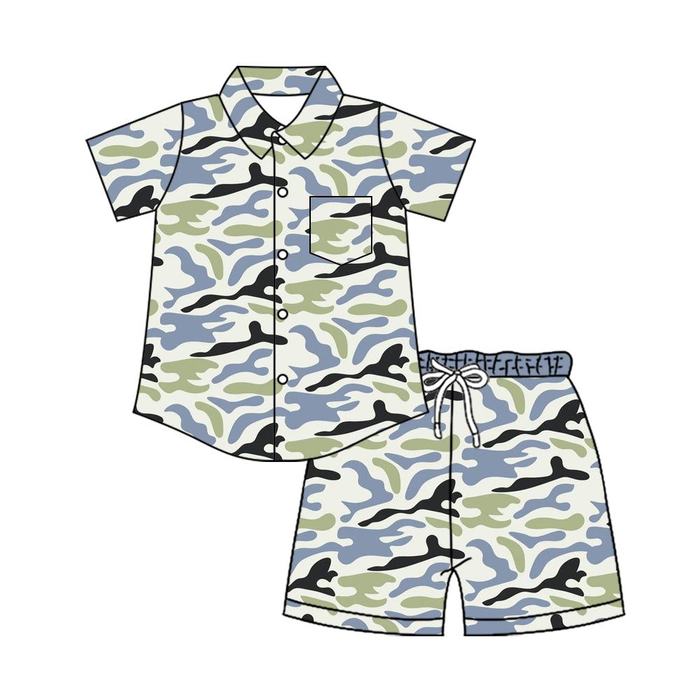 Baby Boys Southern Camo Sharks Button Pocket Top Short Clothes Set Preorder