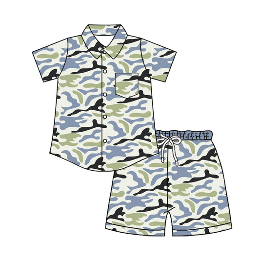 Baby Boys Southern Camo Sharks Button Pocket Top Short Clothes Set Preorder
