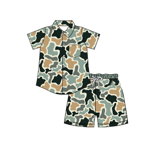 Baby Boys Southern Camo Sharks Button Pocket Top Short Clothes Set Preorder