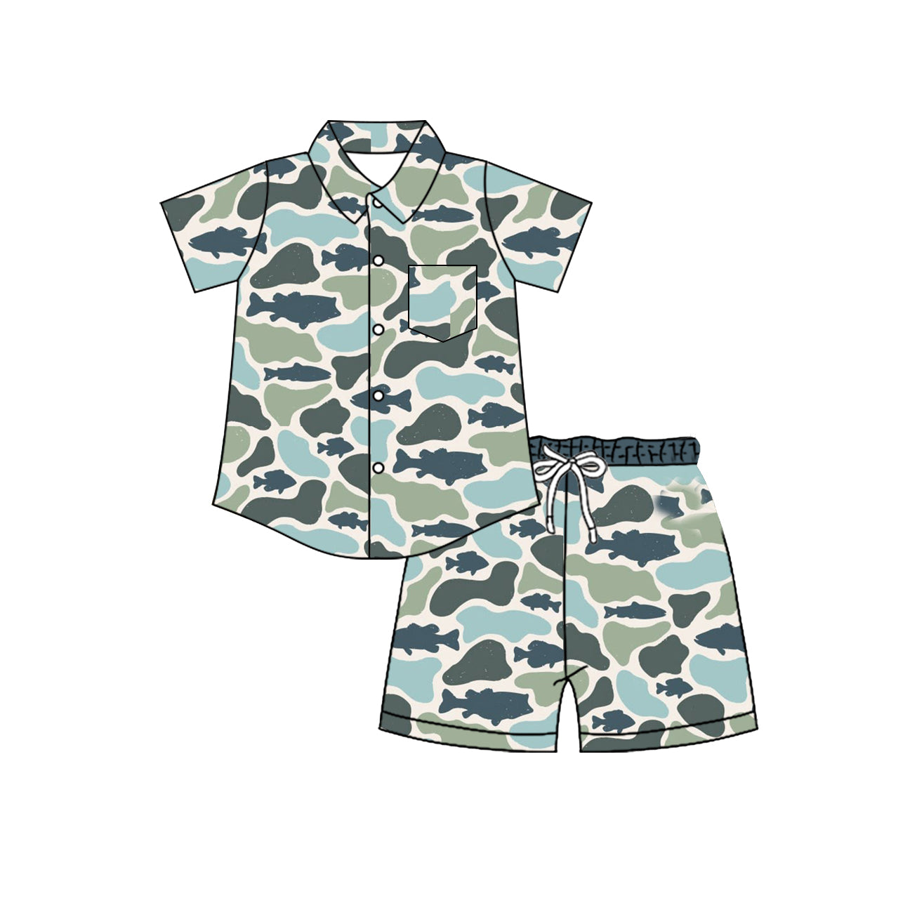 Baby Boys Southern Camo Fishes Button Pocket Top Short Hunting Clothes Set Preorder