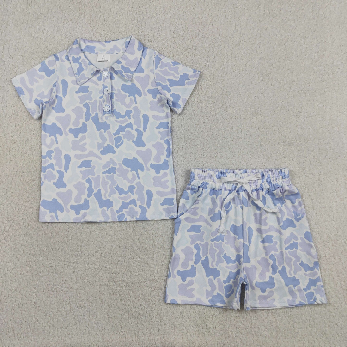 Sibling Baby Boys Dog Fishing Light Blue Camo Polo Top Pockets Shorts Hunting Clothes Set