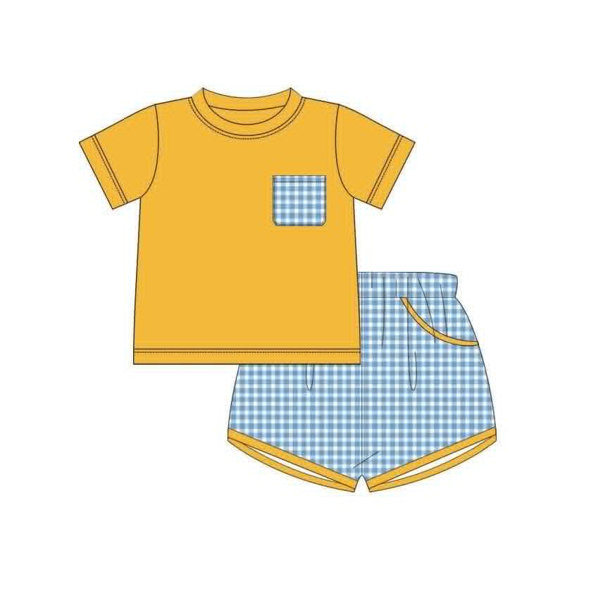 Baby Boys Yellow Short Sleeve Pocket Top Checked Pockets Short Clothes Set Preorder