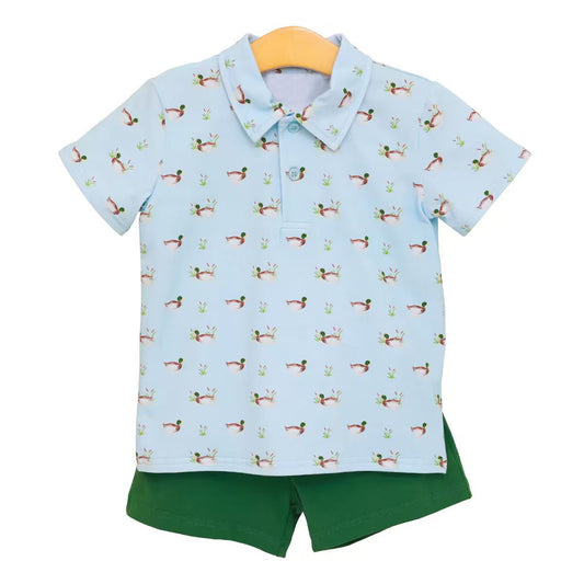 Preorder moq 5 Baby Boys Short Sleeve Ducks Plaid Button Polo Top Short Hunting Clothes Set