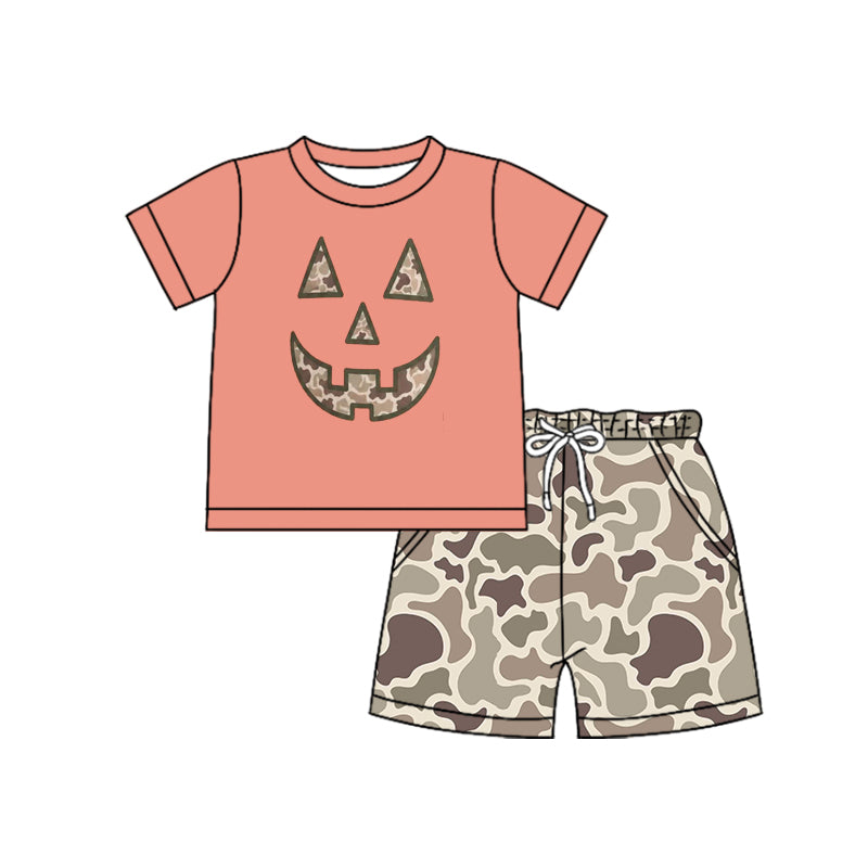 Preorder moq 5 Baby Boys Khaki Camo Ghost Pumpkins Top Pockets Short Halloween Clothes Set