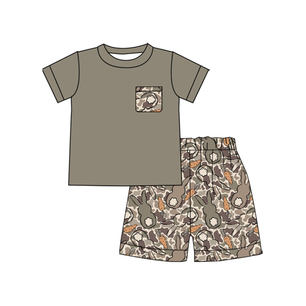 Preorder moq 5 Baby Boys Olive Camo Rabbits Pocket Top Short Easter Clothes Set