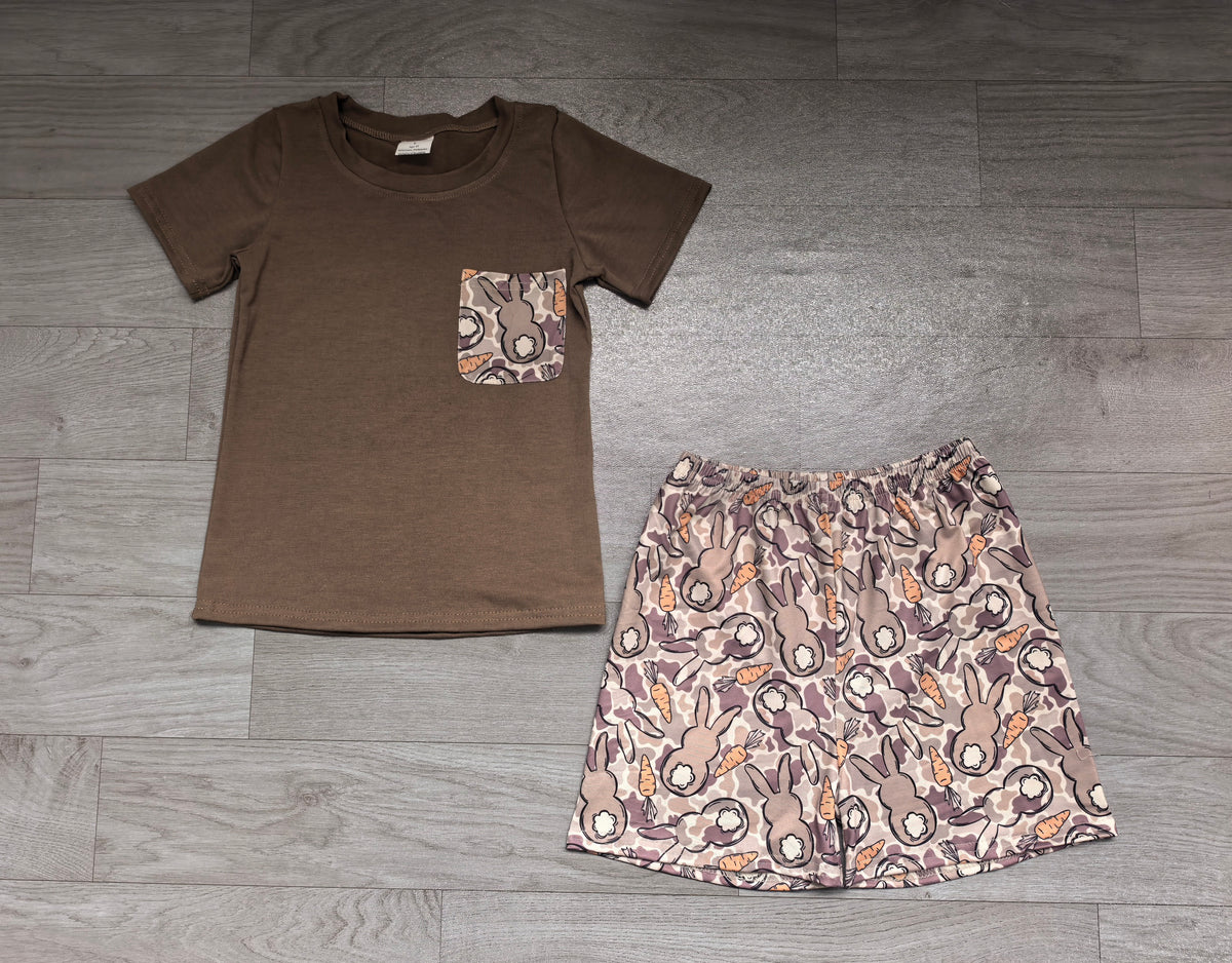 Preorder Baby Boys Olive Camo Rabbits Pocket Top Short Easter Clothes Set