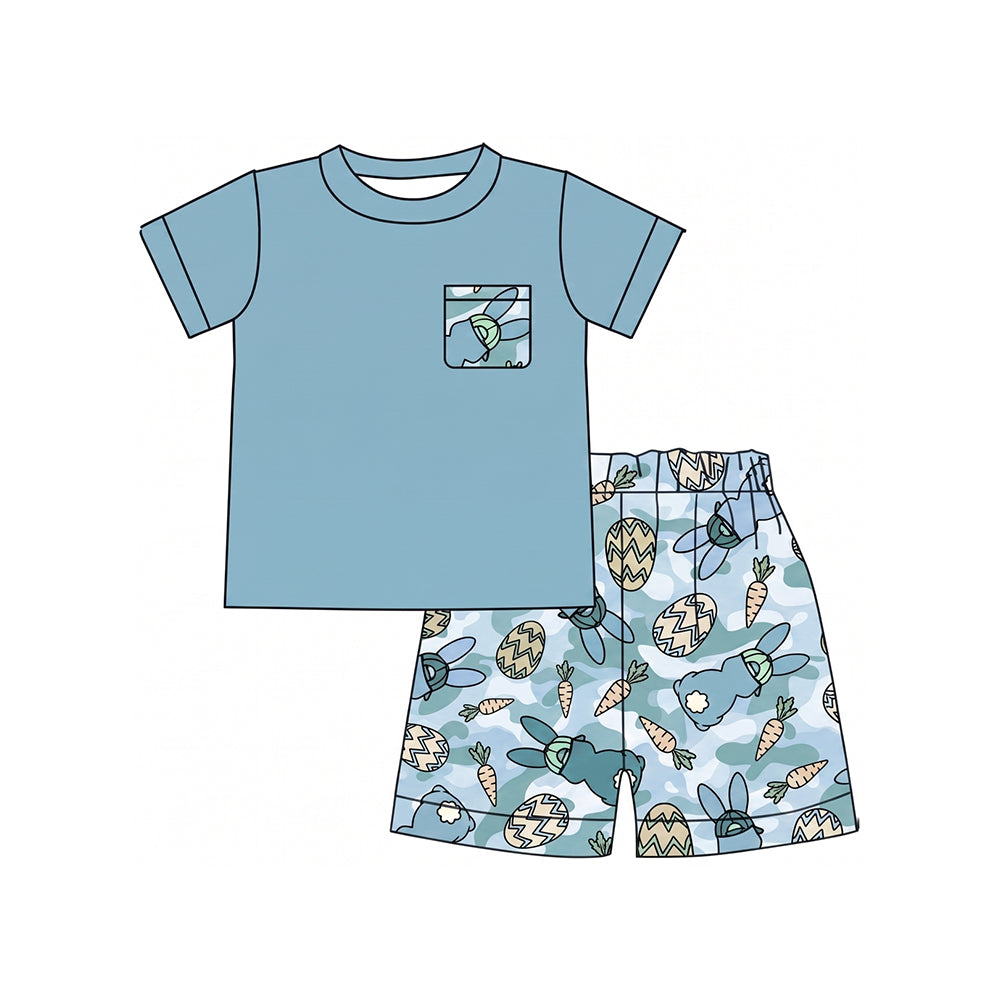 Preorder moq 5 Baby Boys Blue Camo Rabbit Eggs Pocket Top Short Easter Clothes Set