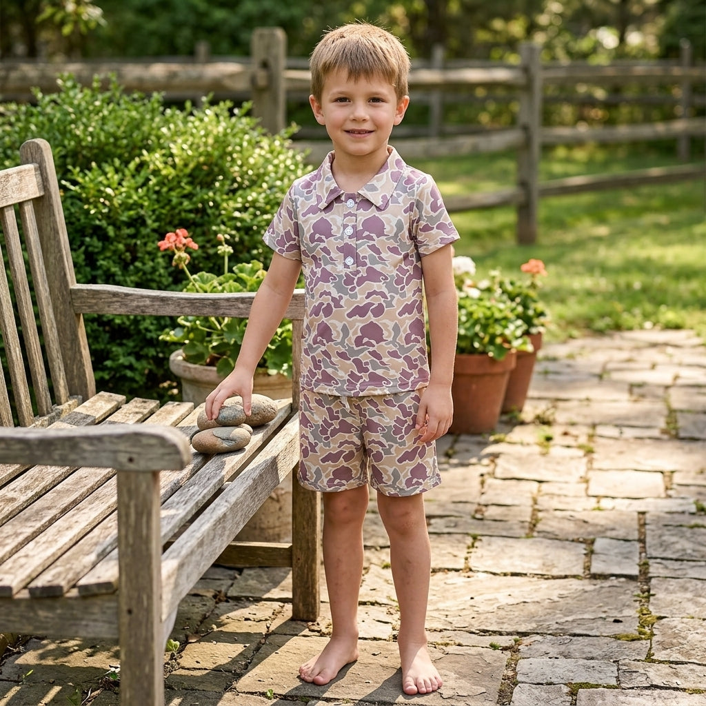 Baby Boys Southern Khaki Camo Buttons Polo Top Pockets Shorts Clothes Sets