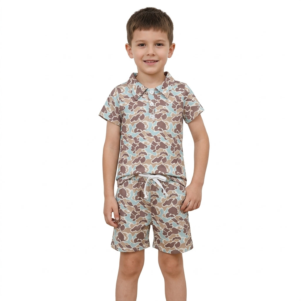 Baby Boys Southern Green Brown Camo Buttons Polo Top Pockets Shorts Clothes Sets