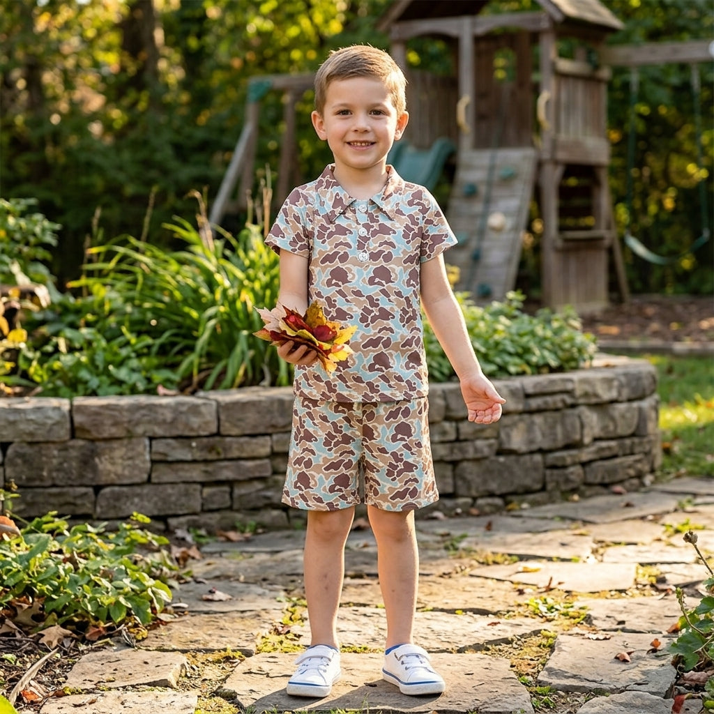 Baby Boys Southern Green Brown Camo Buttons Polo Top Pockets Shorts Clothes Sets