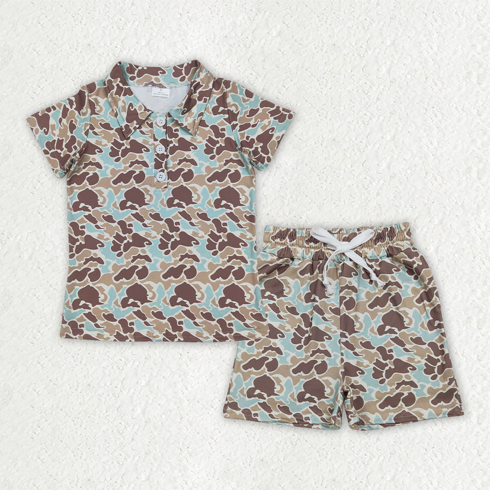 Baby Boys Southern Green Brown Camo Buttons Polo Top Pockets Shorts Clothes Sets