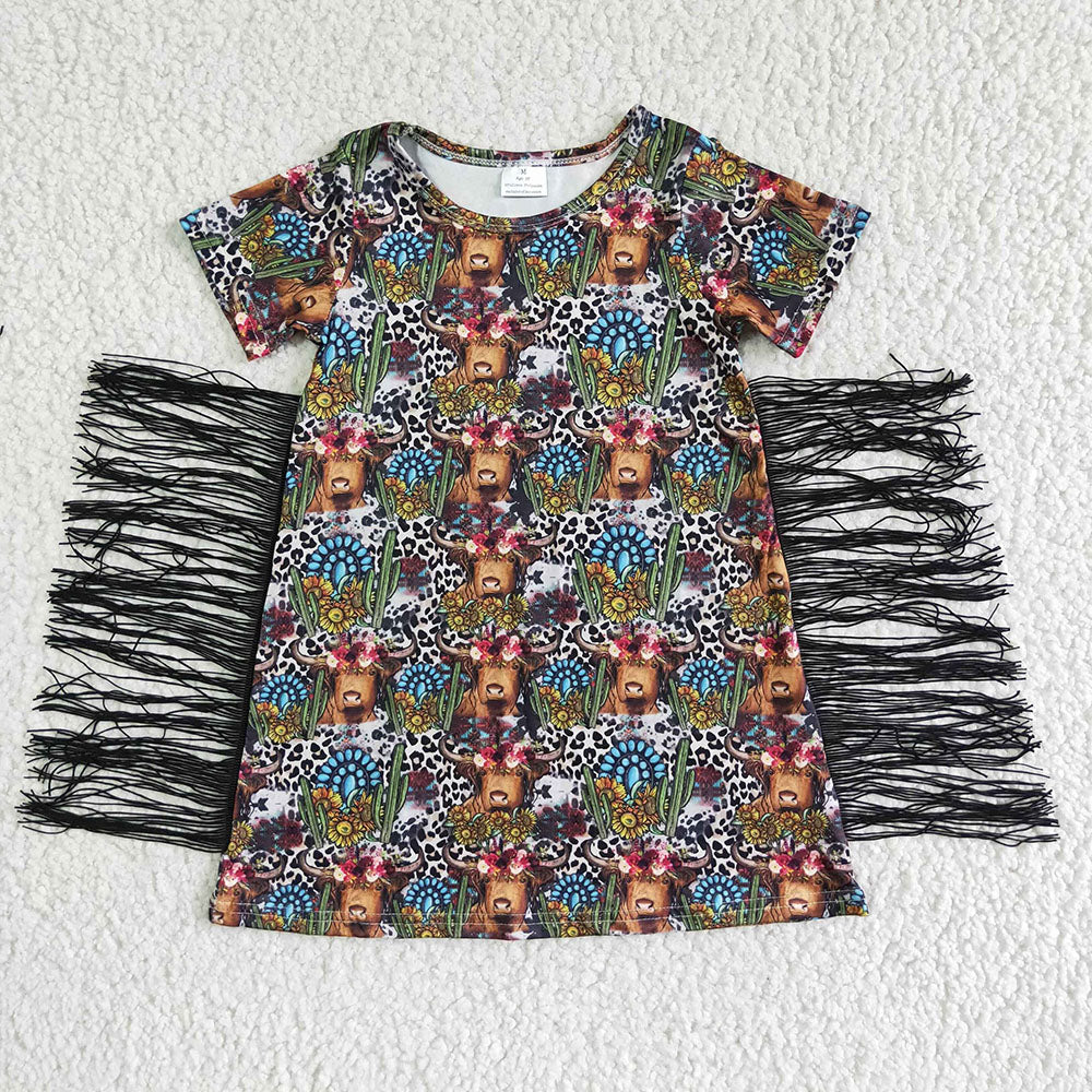Sibling Baby Girls Short Sleeves Flowers Cows Tassel Knee Length Dresses