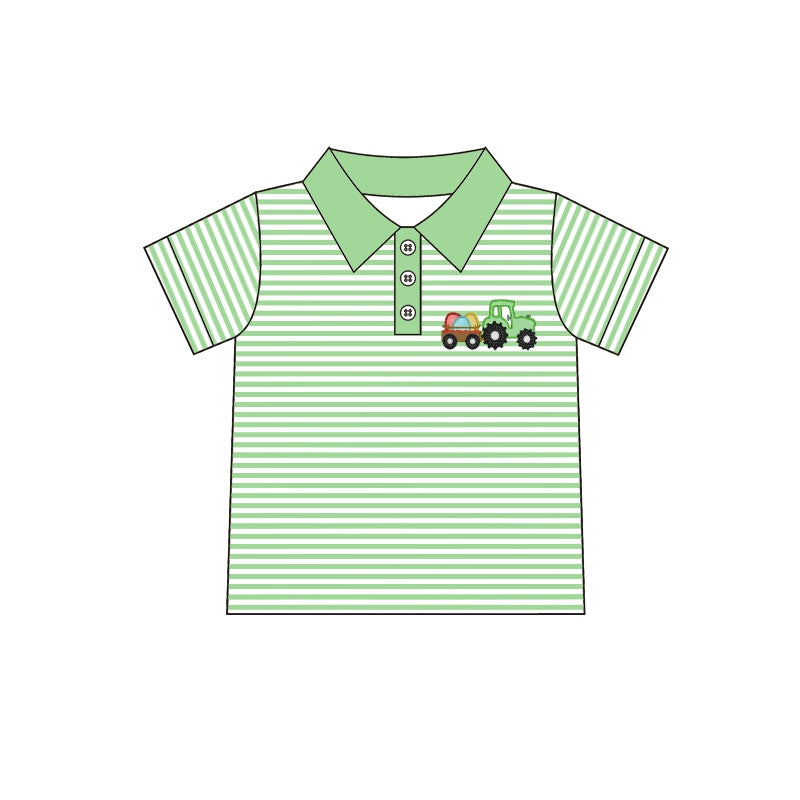 Baby Boys Green Stripes Easter Eggs Tractor Short Sleeve Pullovers Shirts Tops preorder