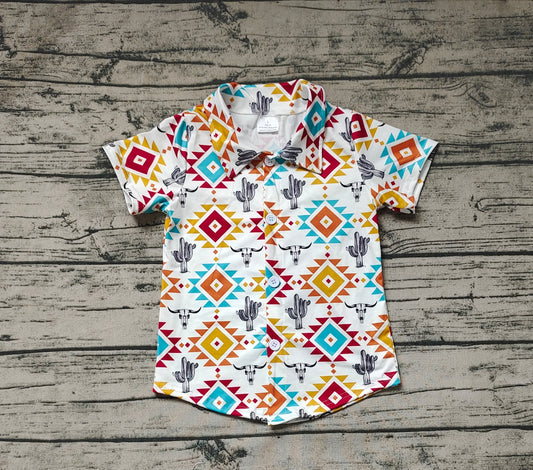 Baby Boys Aztec Cow Skull Cactus Short Sleeve Buttons Tee Shirts Tops