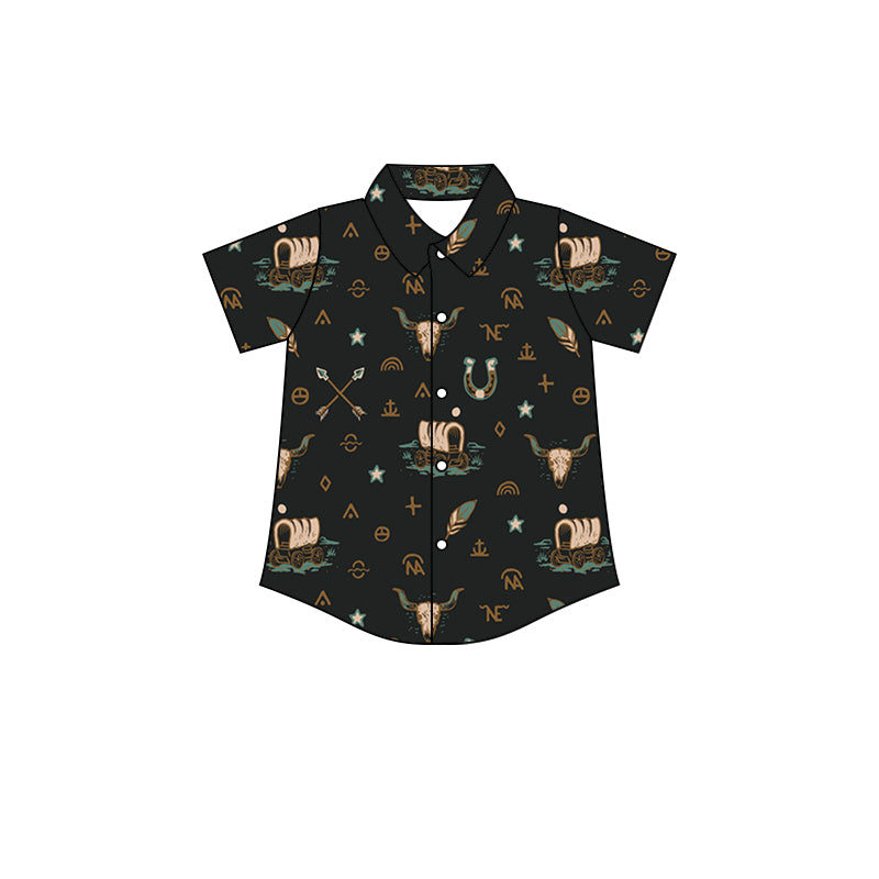 Baby Boys Western Black Cow Short Sleeve Buttons Tee Shirts Tops Preorder