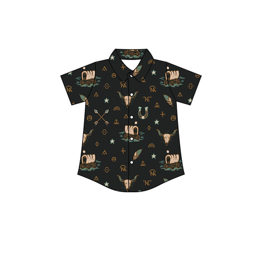 Baby Boys Western Black Cow Short Sleeve Buttons Tee Shirts Tops Preorder