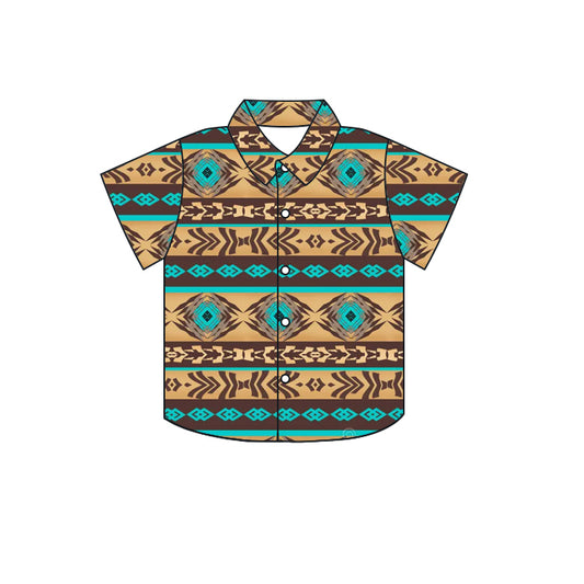 Baby Boys Western Green Brown Aztec Short Sleeve Buttons Tee Shirts Tops Preorder