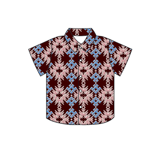 Baby Boys Western Blue Aztec Short Sleeve Buttons Tee Shirts Tops Preorder