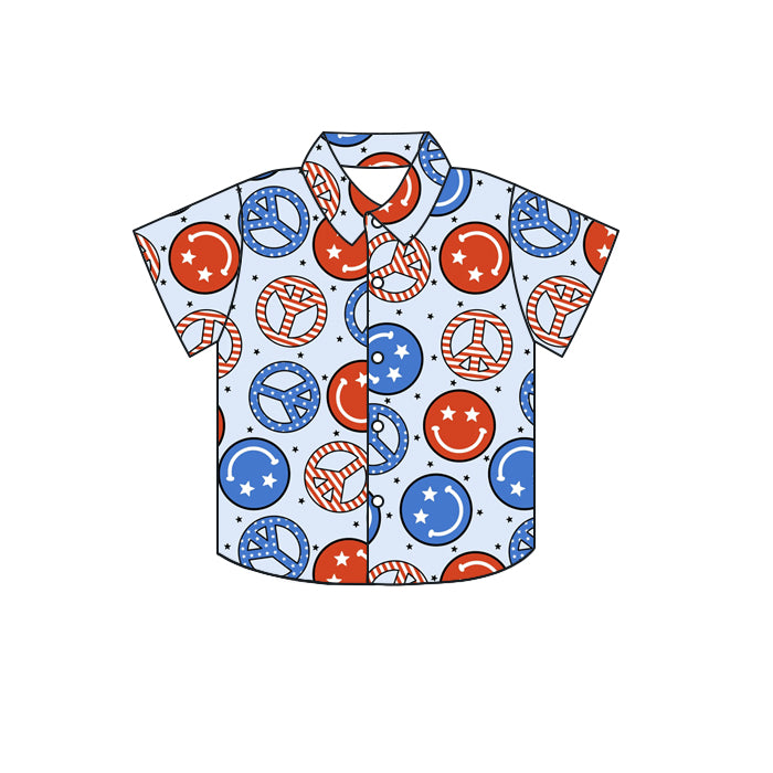 Baby Boys 4th Of July Short Sleeve Peace Smile Buttons Shirts Preorder