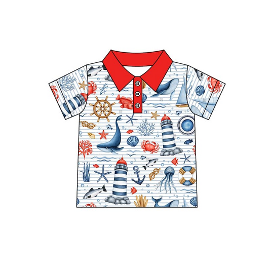 Baby Boys Sea Boats Red Buttons Short Sleeve Tee Shirts Tops Preorder