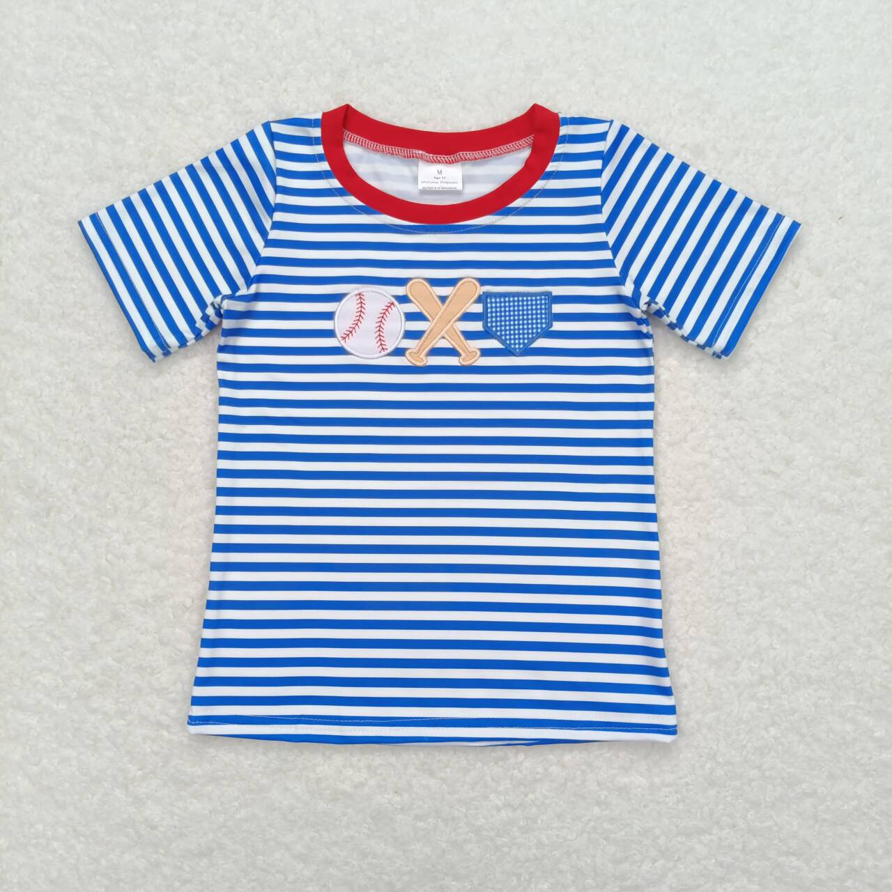 Sibling Baby Kids Blue Stripes Embroidery Baseball Short Sleeves Tee Shirts Top