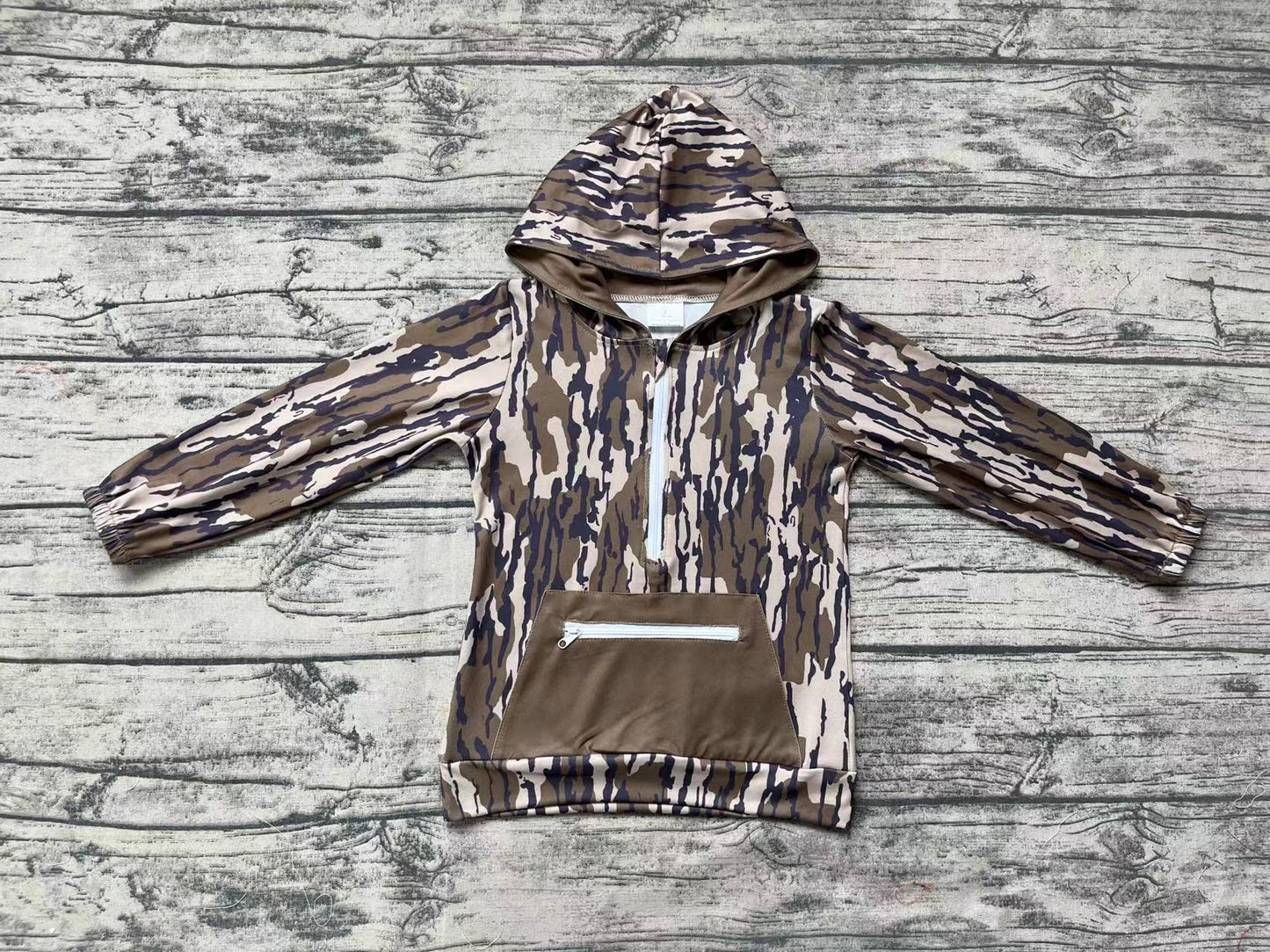 Baby Boys Dark Green Camo Hooded Zip Pocket Fall Pullovers Tops