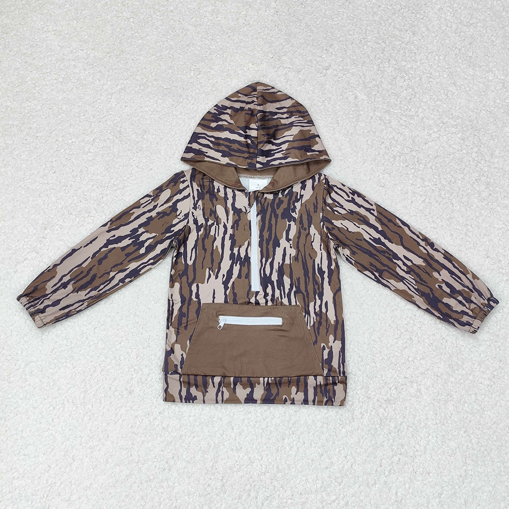 Baby Boys Dark Green Camo Hooded Zip Pocket Fall Pullovers Tops