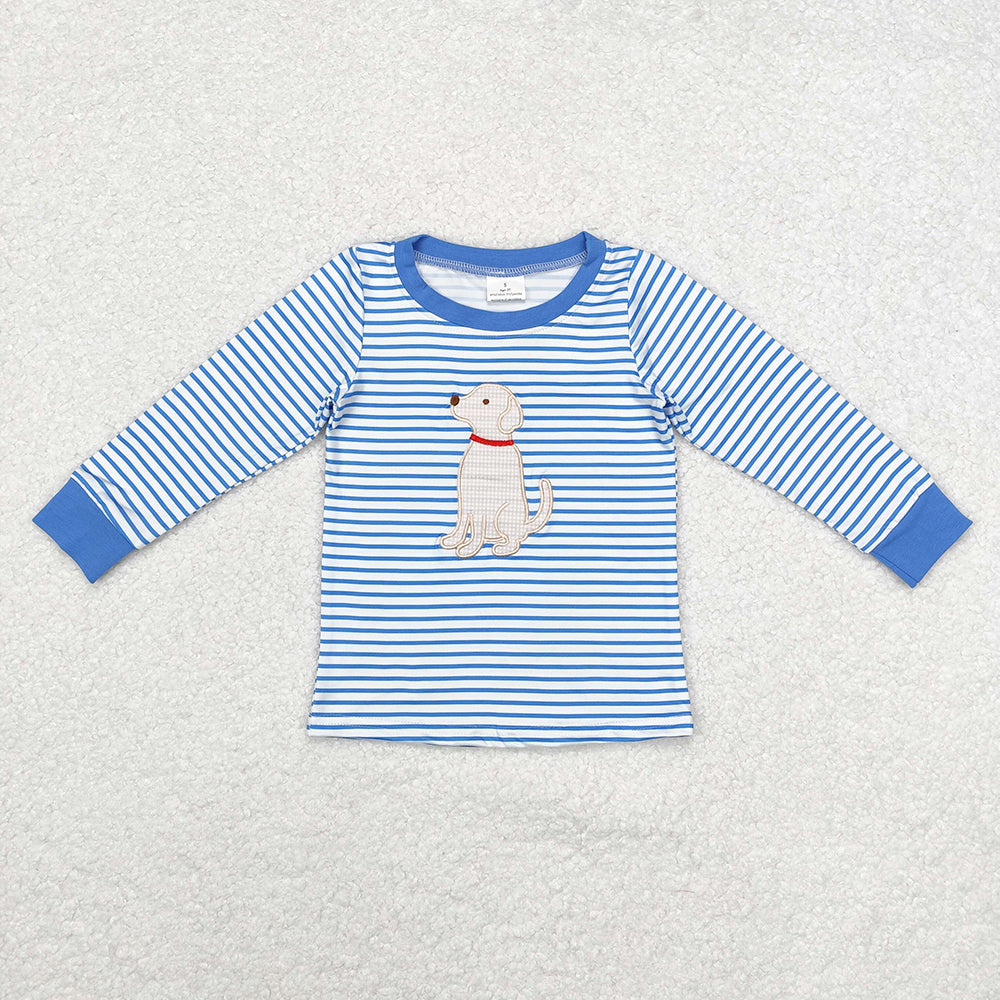 Sibling Girls Boys Blue Stripes Dog Tops Dresses Rompers