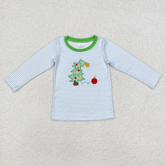 Baby Boys Christmas Blue Stripes Tree Tee Shirts Tops