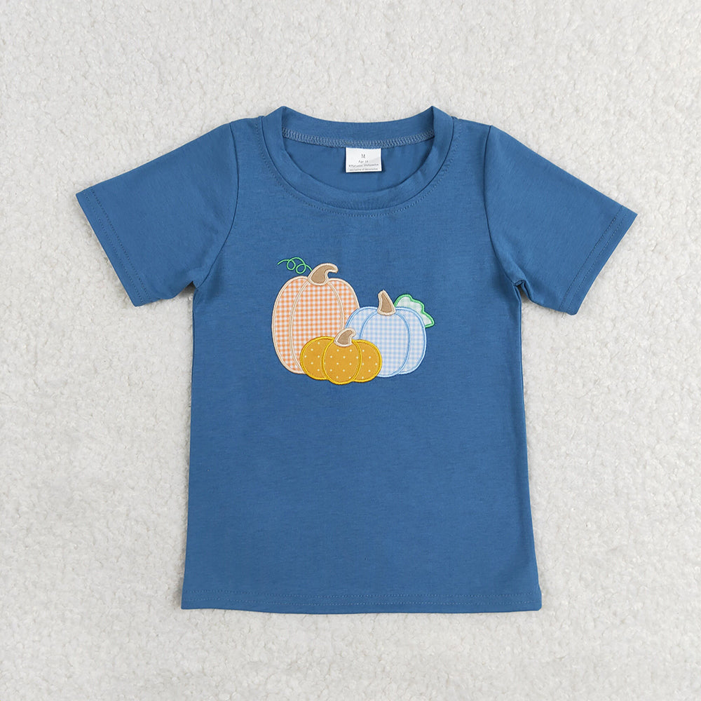 Baby Boys Blue Fall Pumpkin Short Sleeve Tee Shirts Tops