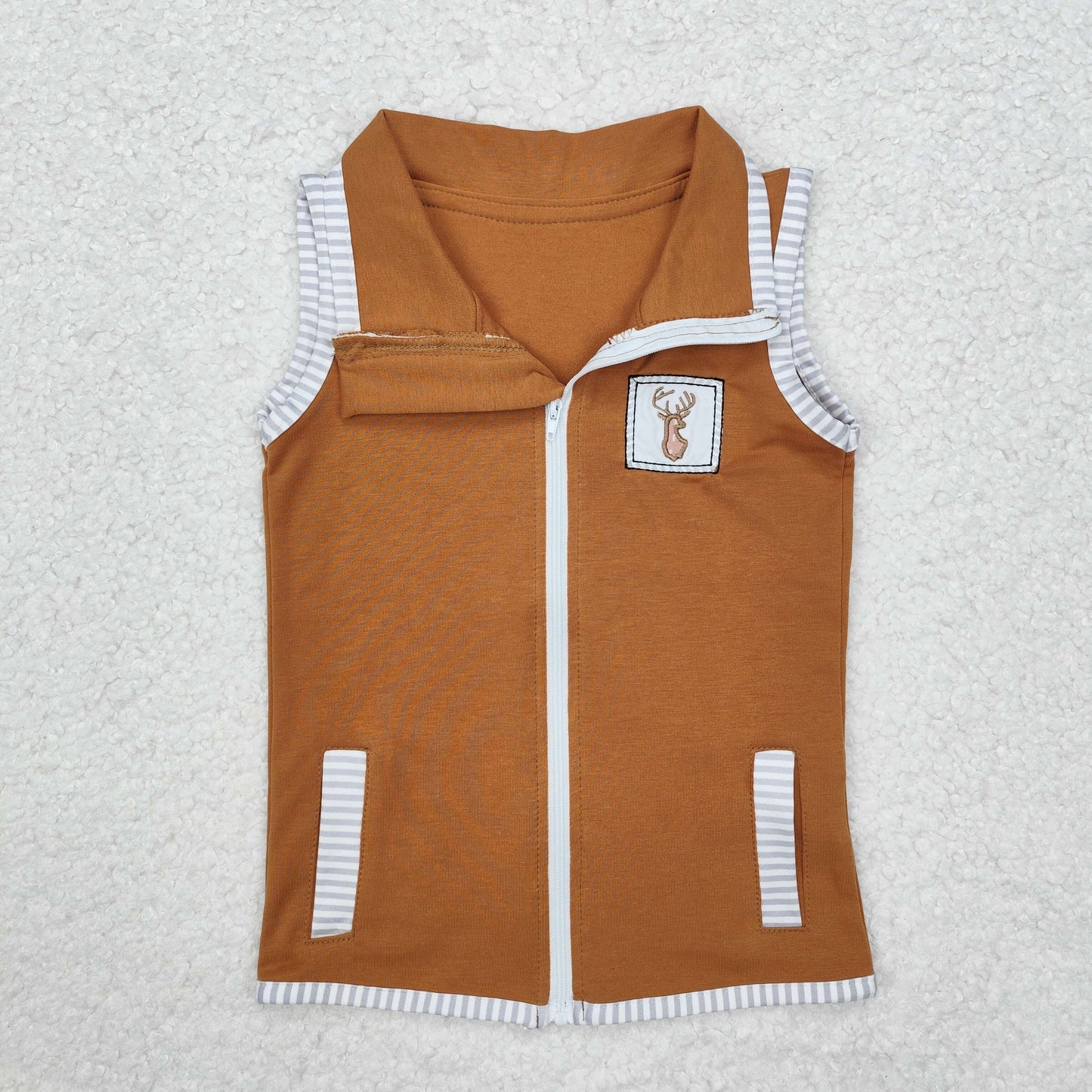 Sibling Baby Boys Sleeveless Embroidery Deer Dog Duck Pocket Zipper Jackets Top