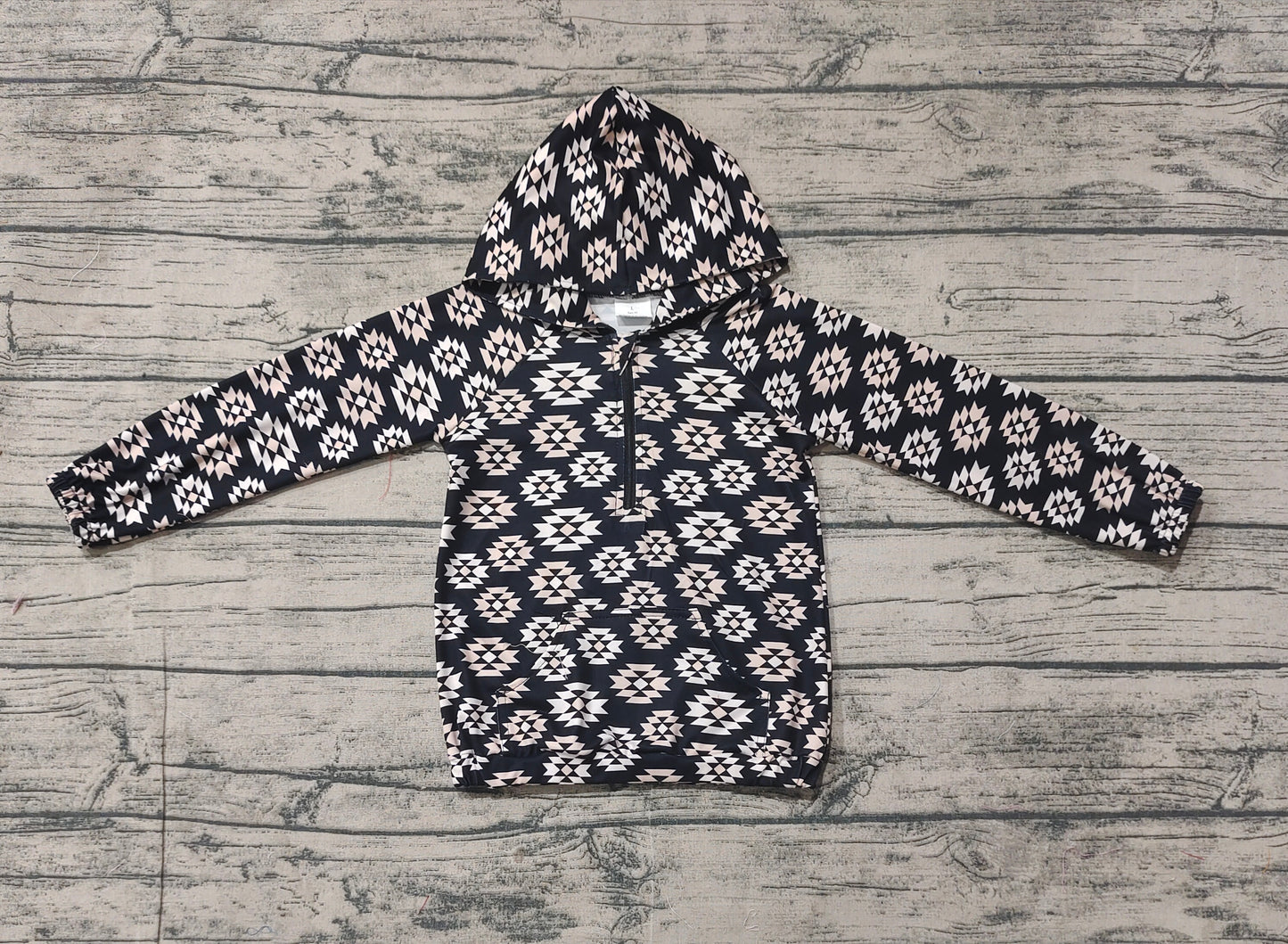 Baby Boys Western Black Aztec Hooded Long Sleeve Tops