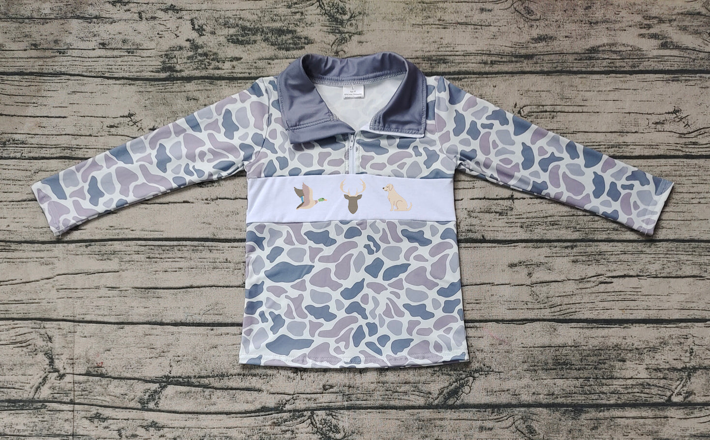 Baby Boys Grey Camo Duck Deer Dog Zip Pullovers Tops Preorder