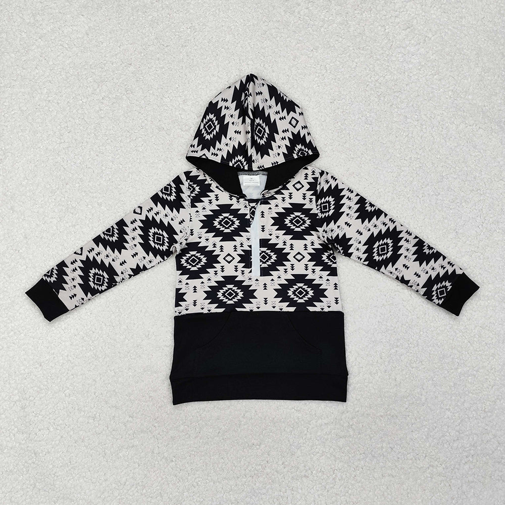 Baby Boys Western Black Aztec Fall Hooded Pullovers Tops