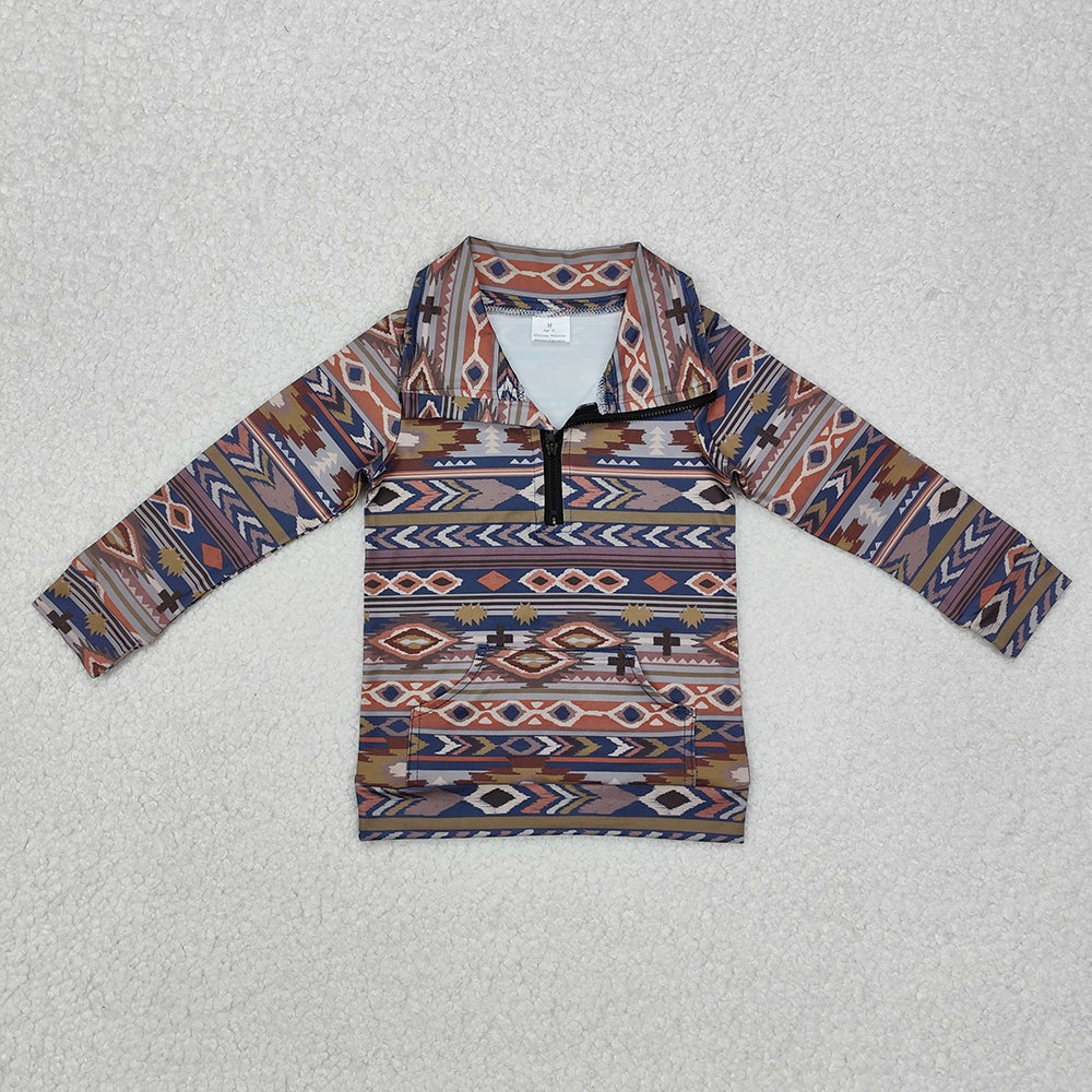 Baby Boys Western Brown Aztec Zip Pullovers Tee Shirts Tops