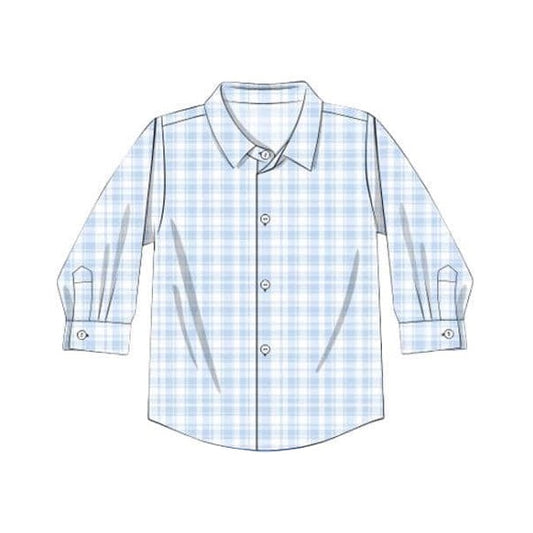 Baby Boys Blue Checkered Buttons Long Sleeve Tee Shirts Tops Preorder