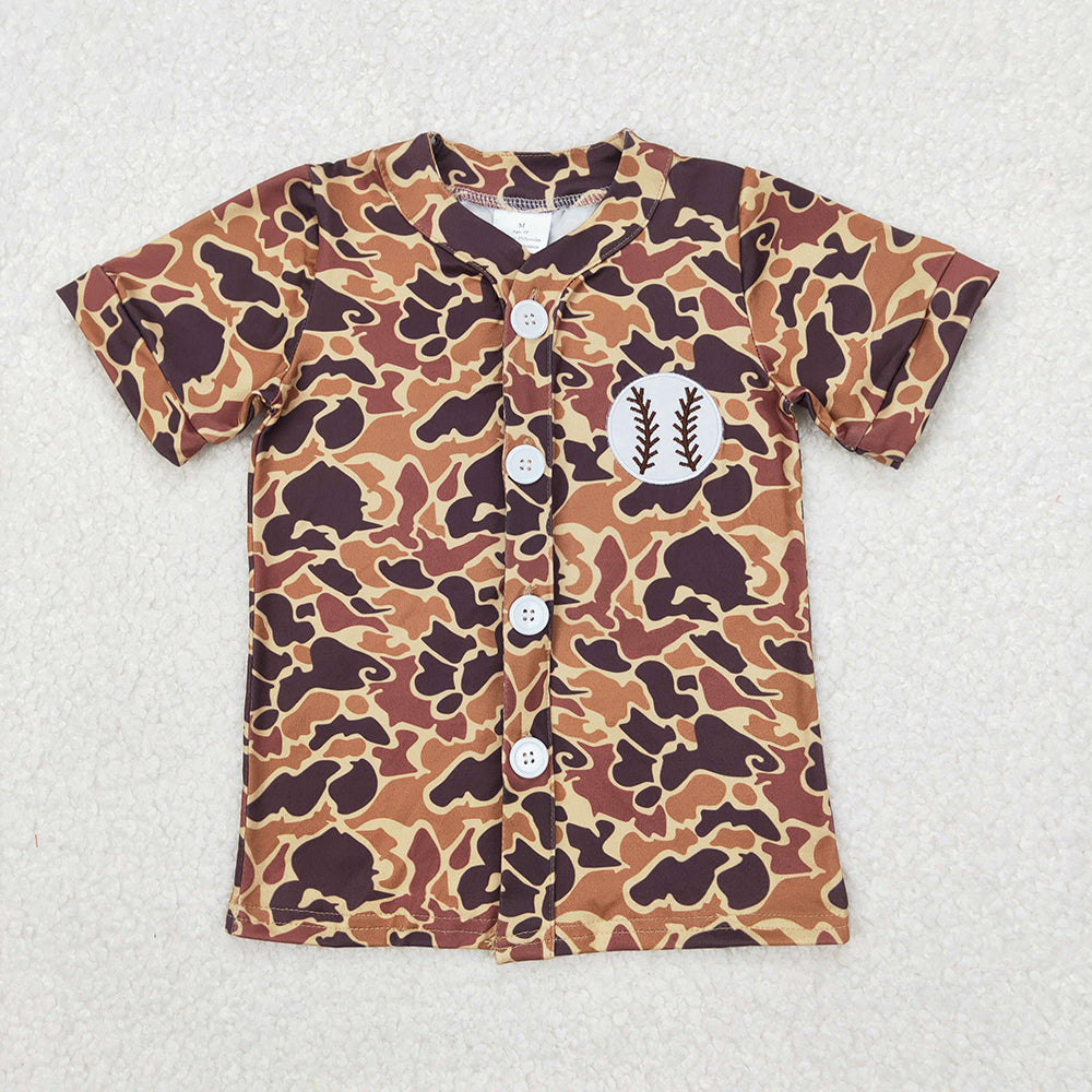 Embroidery Baseball Baby Boys Brown Camo Button Team Short Sleeve Shirts Tops