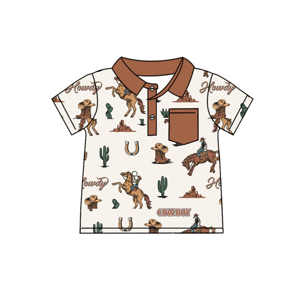 Preorders moq 5 Baby Boys Short Sleeves Button Pocket Horse Rodeo Cactus Polo Shirts Top