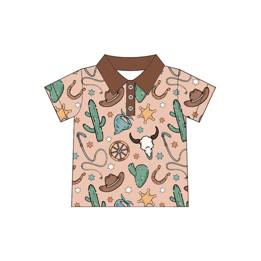 Baby Boys Brown Short Sleeves Button Bull Skull Cactus Polo Shirts Top Preorder