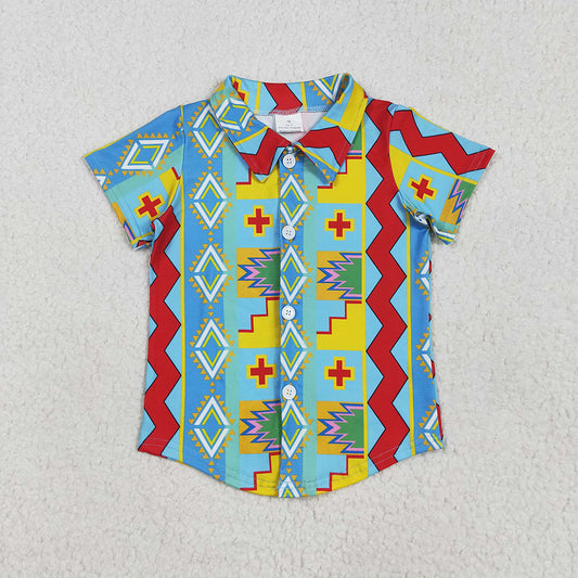 Baby Boys Short Sleeves Colorful Aztec Print Button Shirts Tops