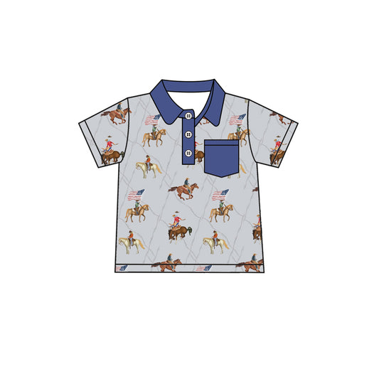 Baby Boys Hot Blue Button Horse Rodeos Flags 4th Of July Polo Shirts Top Preorder