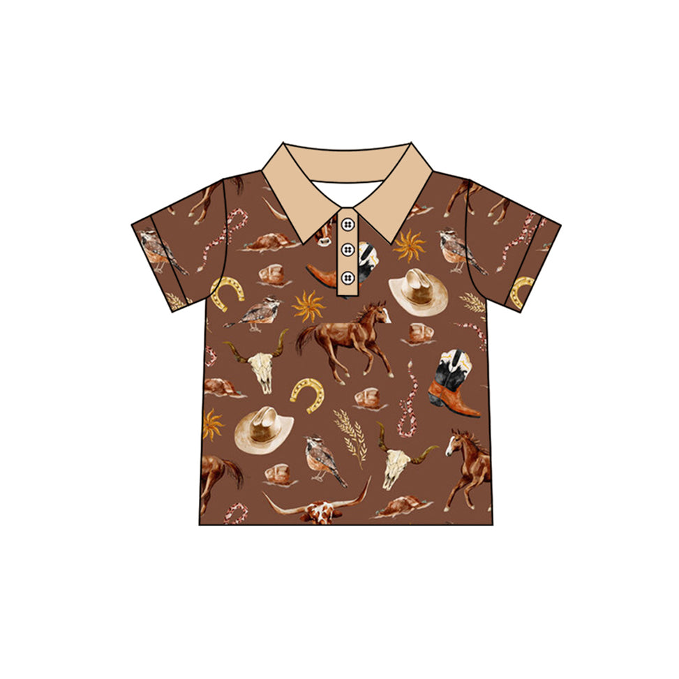 Baby Boys Brown Short Sleeves Button Hats Horses Polo Shirts Top Preorder